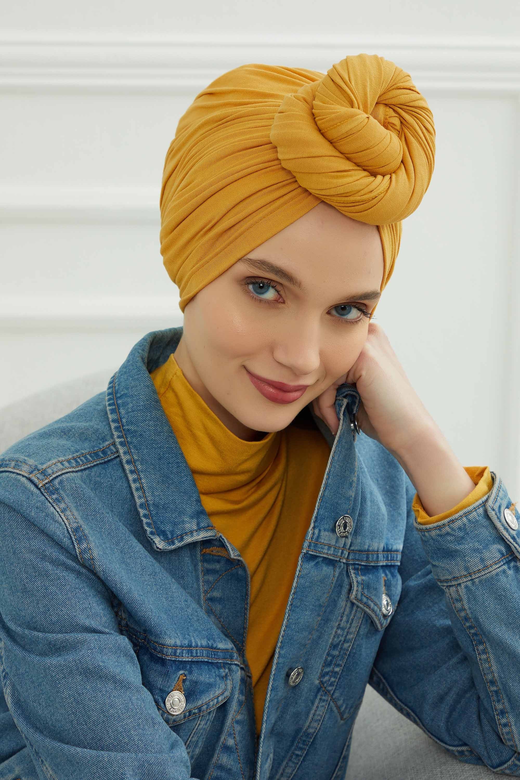Smocked Shirred Instant Turban for Women, Cotton Lightweight Head Wrap with a Beautiful Design, Stylish Chemo Headwear Turban for Women,B-1 Mustard Yellow