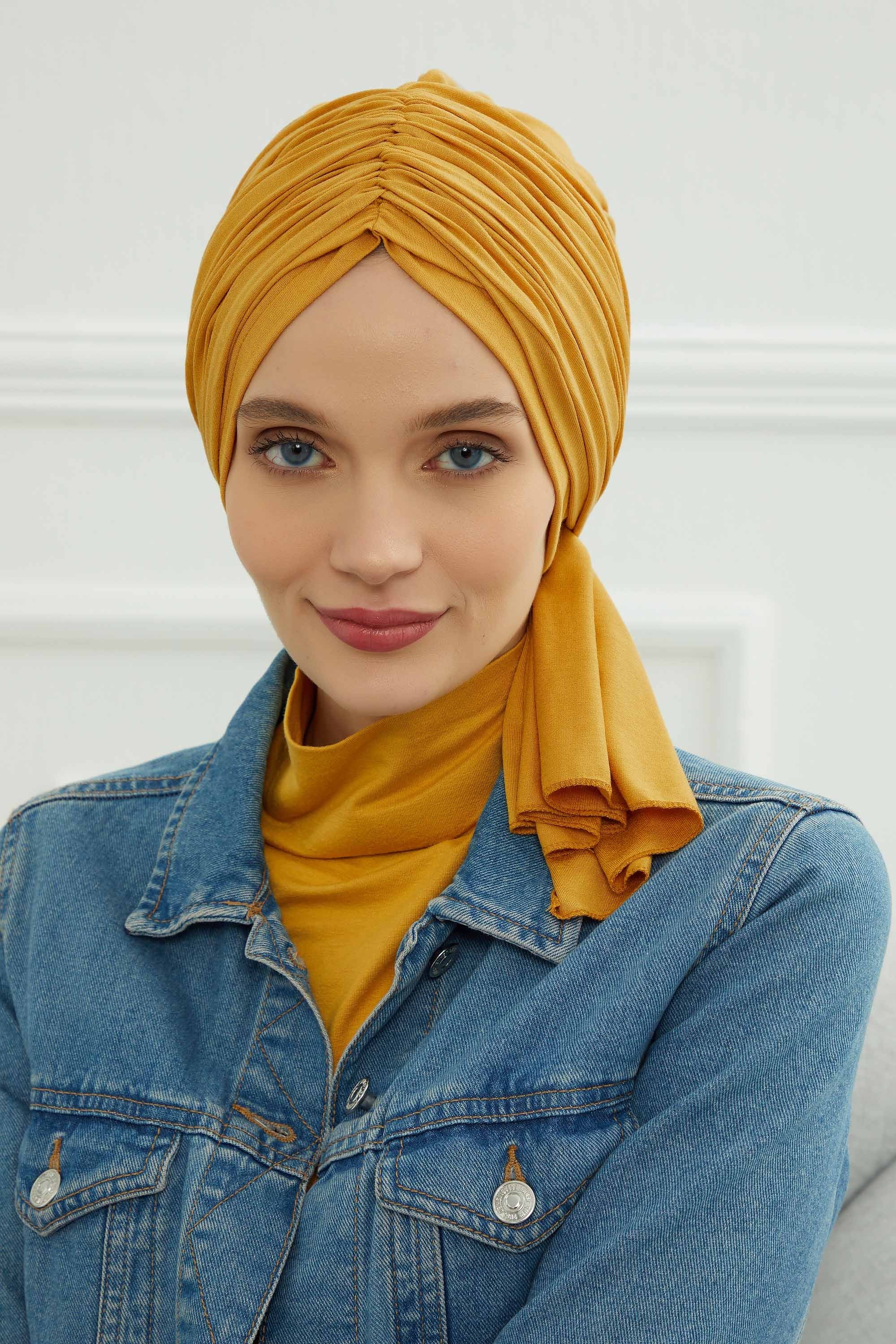Smocked Shirred Instant Turban for Women, Cotton Lightweight Head Wrap with a Beautiful Design, Stylish Chemo Headwear Turban for Women,B-1 Mustard Yellow