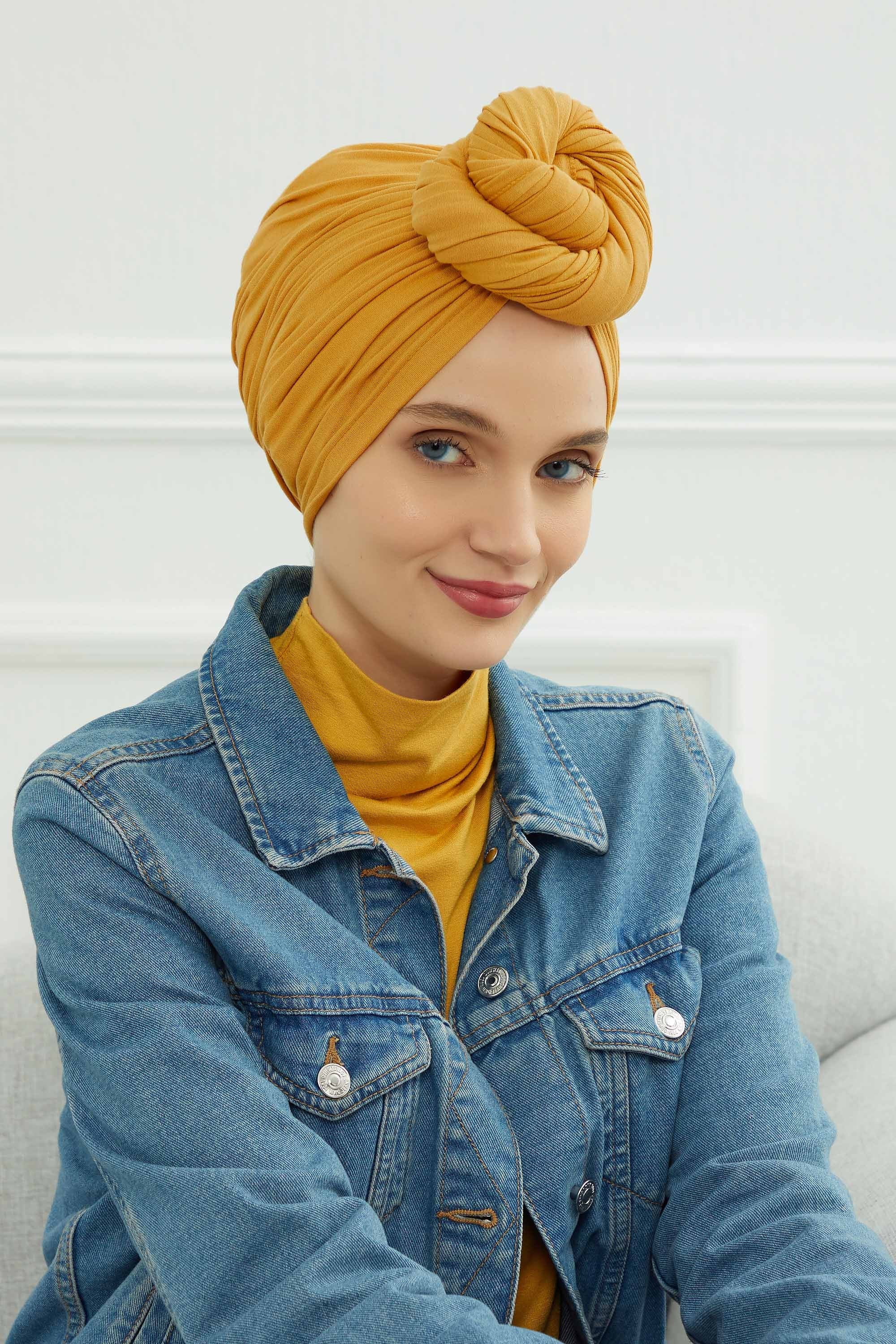Smocked Shirred Instant Turban for Women, Cotton Lightweight Head Wrap with a Beautiful Design, Stylish Chemo Headwear Turban for Women,B-1 Mustard Yellow