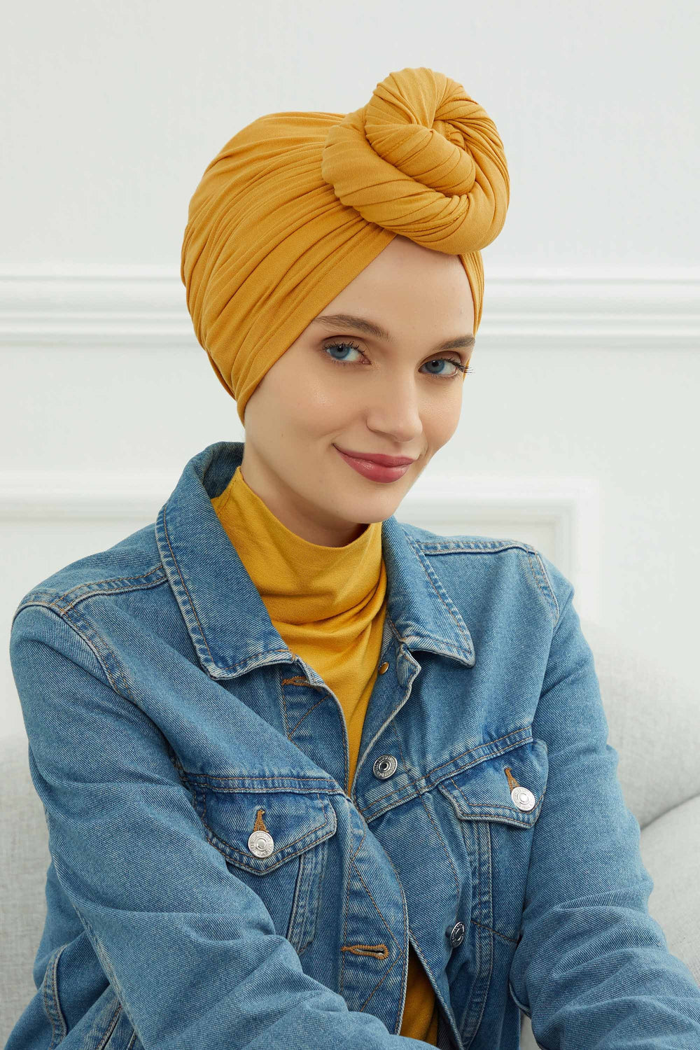 Smocked Shirred Instant Turban for Women, Cotton Lightweight Head Wrap with a Beautiful Design, Stylish Chemo Headwear Turban for Women,B-1 Mustard Yellow