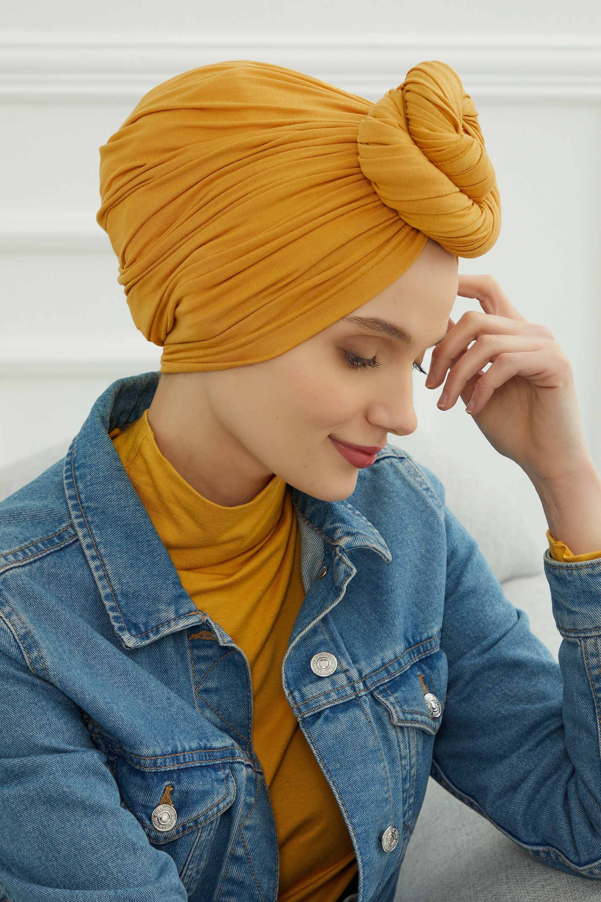 Smocked Shirred Instant Turban for Women, Cotton Lightweight Head Wrap with a Beautiful Design, Stylish Chemo Headwear Turban for Women,B-1 Mustard Yellow