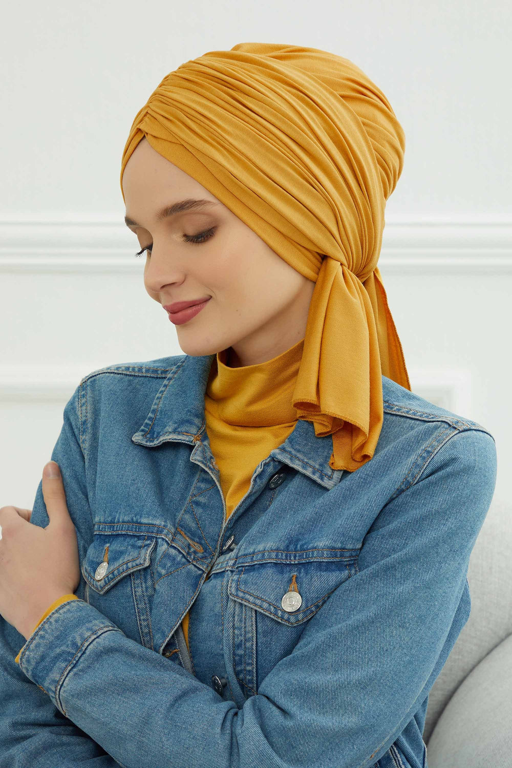 Smocked Shirred Instant Turban for Women, Cotton Lightweight Head Wrap with a Beautiful Design, Stylish Chemo Headwear Turban for Women,B-1 Mustard Yellow