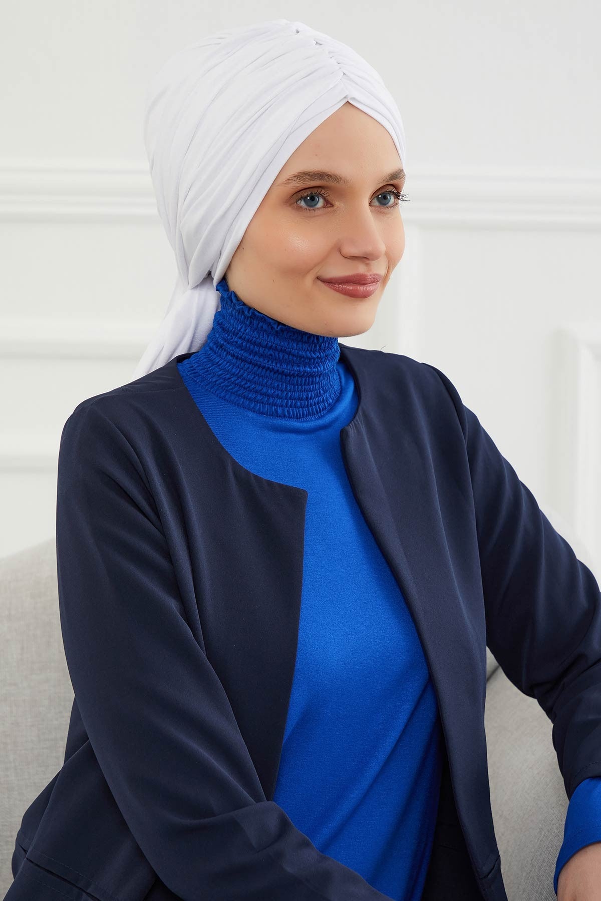 Smocked Shirred Instant Turban for Women, Cotton Lightweight Head Wrap with a Beautiful Design, Stylish Chemo Headwear Turban for Women,B-1 White