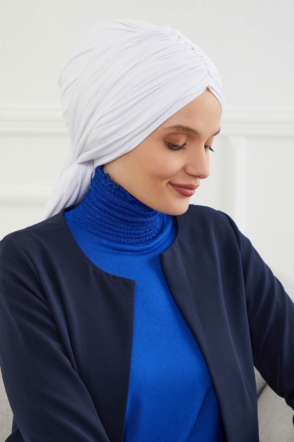 Smocked Shirred Instant Turban for Women, Cotton Lightweight Head Wrap with a Beautiful Design, Stylish Chemo Headwear Turban for Women,B-1 White