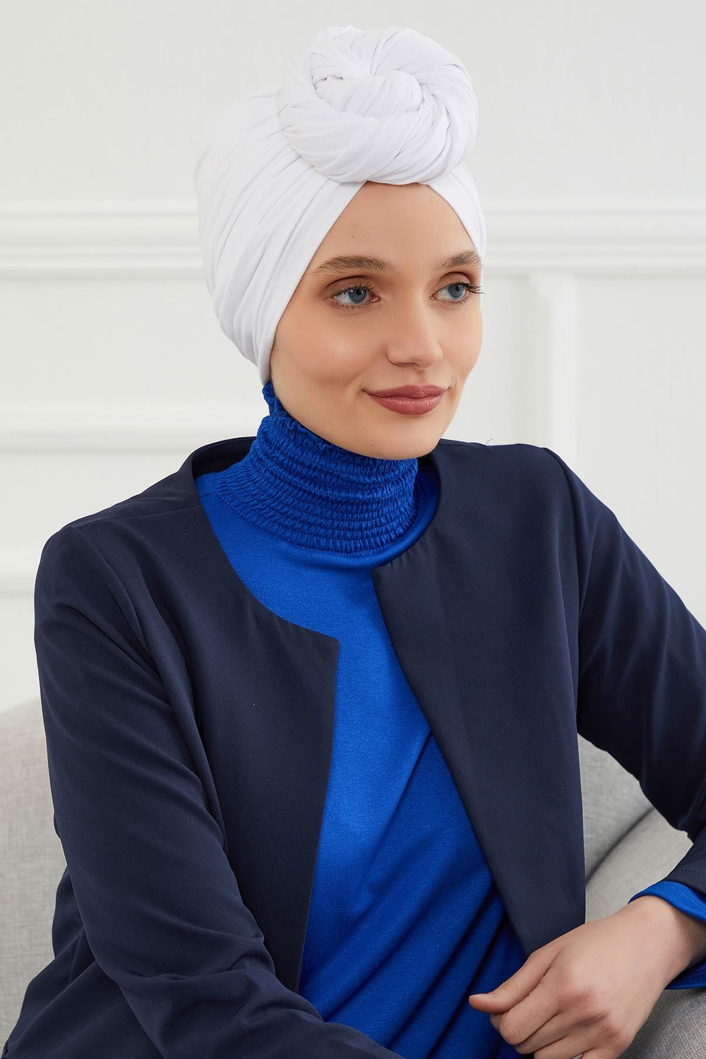 Smocked Shirred Instant Turban for Women, Cotton Lightweight Head Wrap with a Beautiful Design, Stylish Chemo Headwear Turban for Women,B-1 White