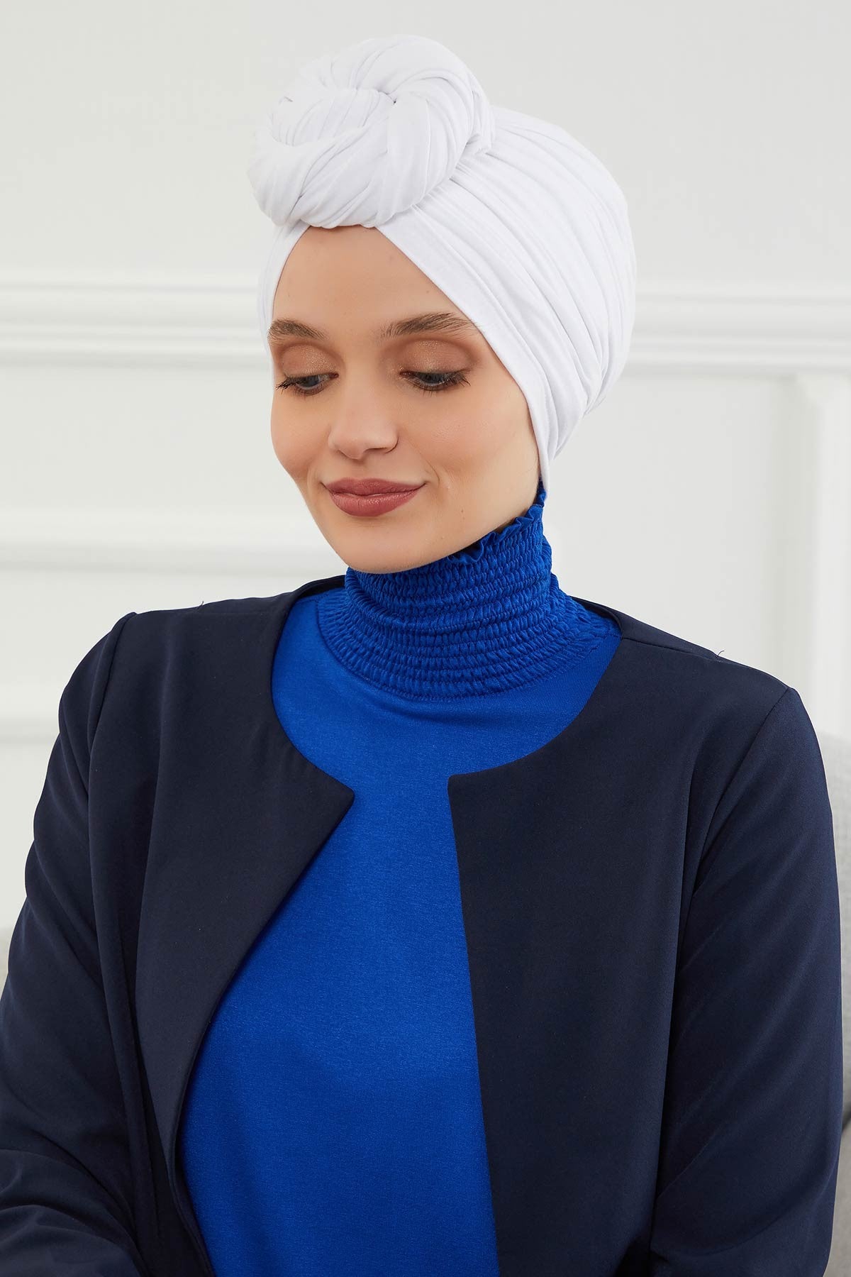 Smocked Shirred Instant Turban for Women, Cotton Lightweight Head Wrap with a Beautiful Design, Stylish Chemo Headwear Turban for Women,B-1 White