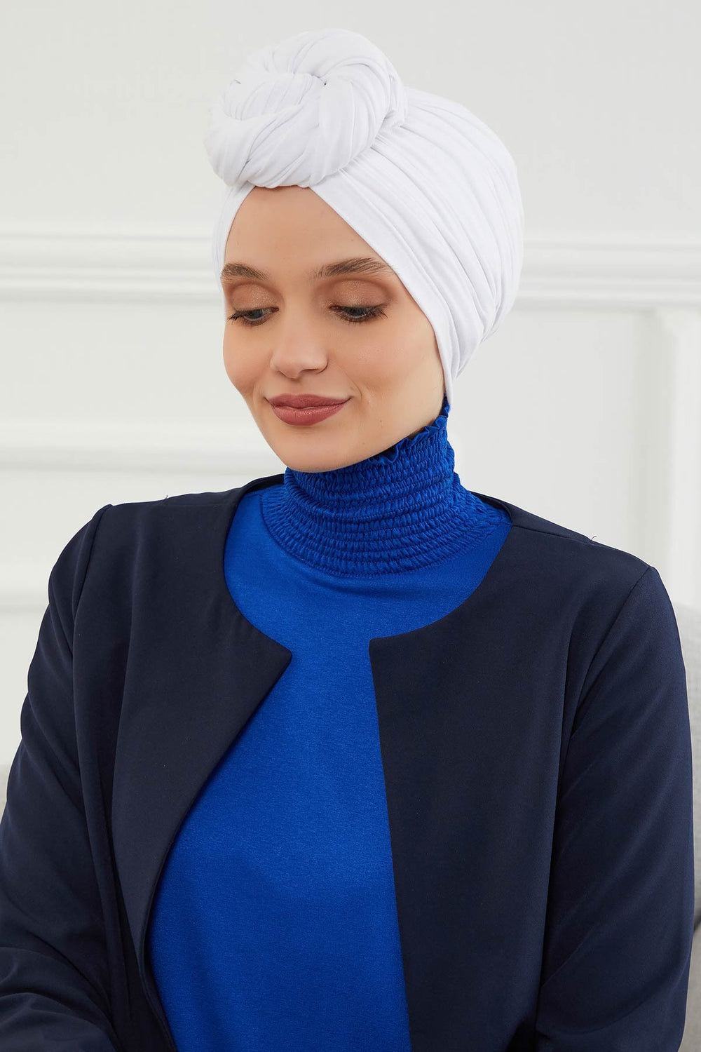 Smocked Shirred Instant Turban for Women, Cotton Lightweight Head Wrap with a Beautiful Design, Stylish Chemo Headwear Turban for Women,B-1 White