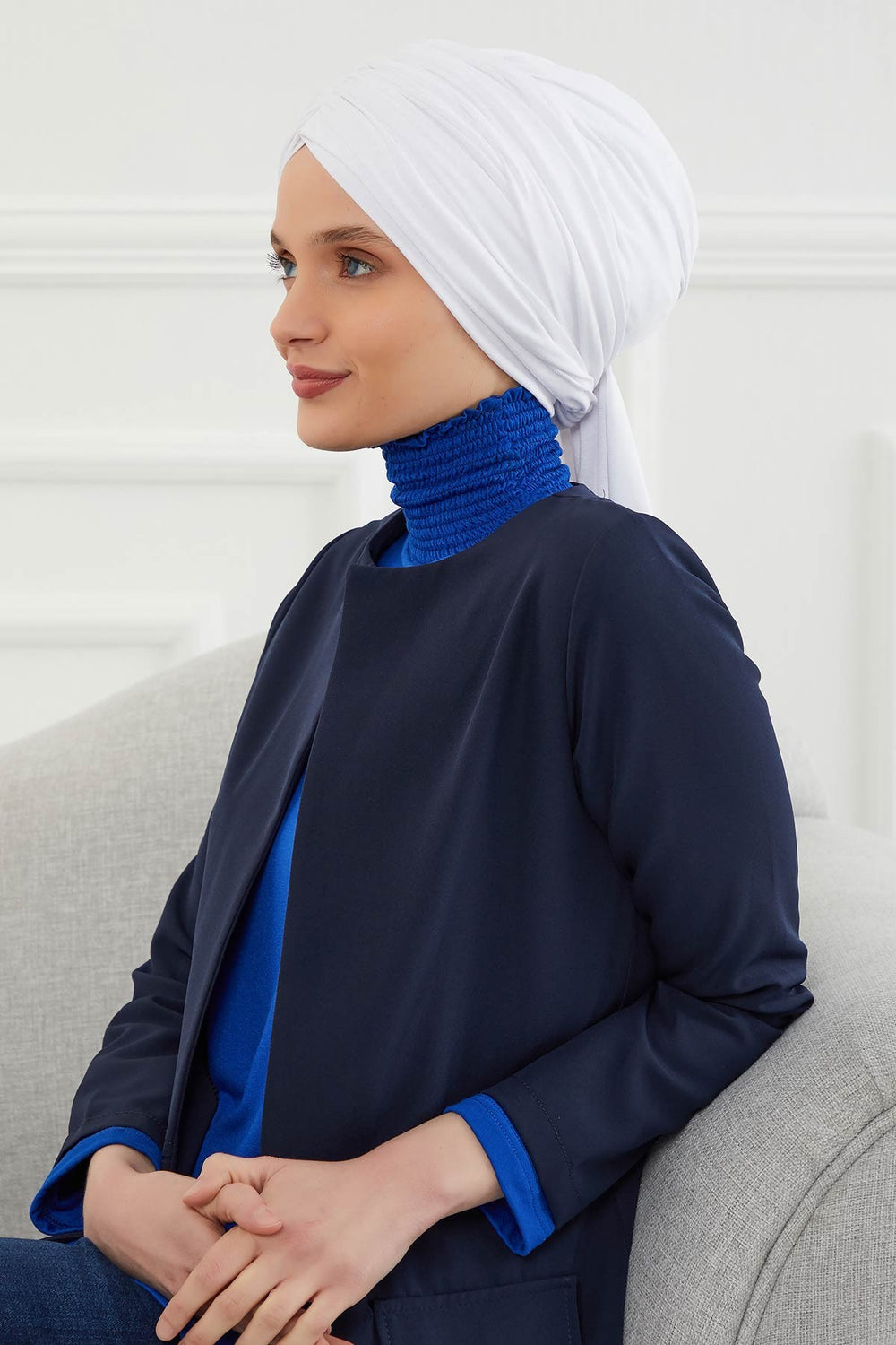 Smocked Shirred Instant Turban for Women, Cotton Lightweight Head Wrap with a Beautiful Design, Stylish Chemo Headwear Turban for Women,B-1 White