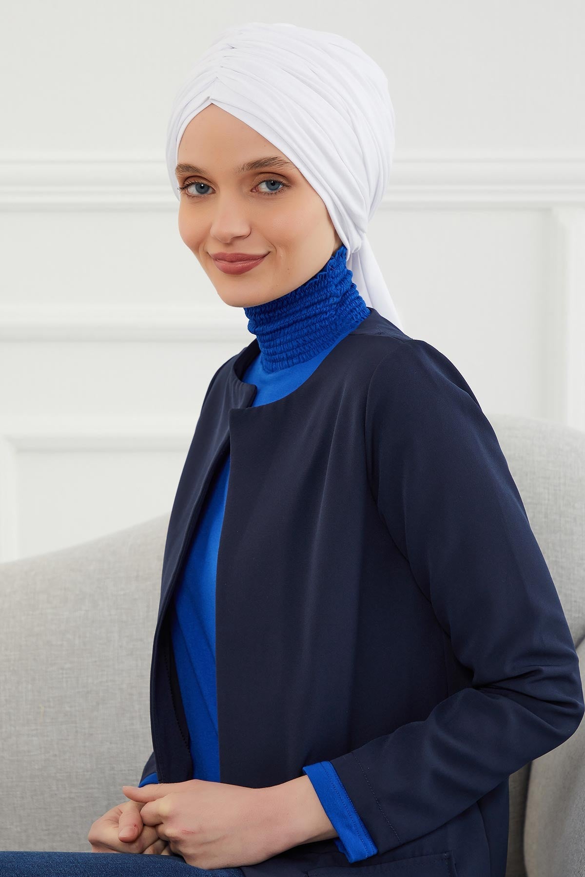 Smocked Shirred Instant Turban for Women, Cotton Lightweight Head Wrap with a Beautiful Design, Stylish Chemo Headwear Turban for Women,B-1 White