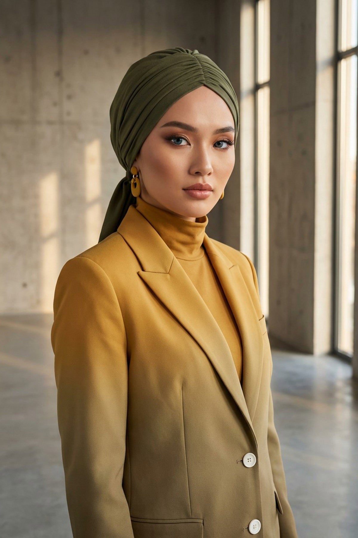 Smocked Shirred Instant Turban for Women, Cotton Lightweight Head Wrap with a Beautiful Design, Stylish Chemo Headwear Turban for Women,B-1 Army Green