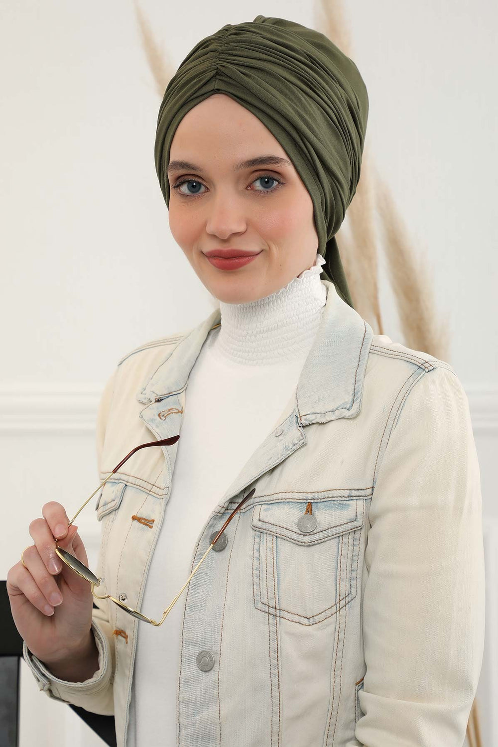 Smocked Shirred Instant Turban for Women, Cotton Lightweight Head Wrap with a Beautiful Design, Stylish Chemo Headwear Turban for Women,B-1 Army Green