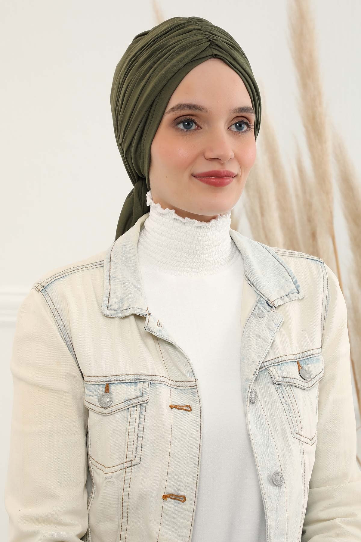 Smocked Shirred Instant Turban for Women, Cotton Lightweight Head Wrap with a Beautiful Design, Stylish Chemo Headwear Turban for Women,B-1 Army Green