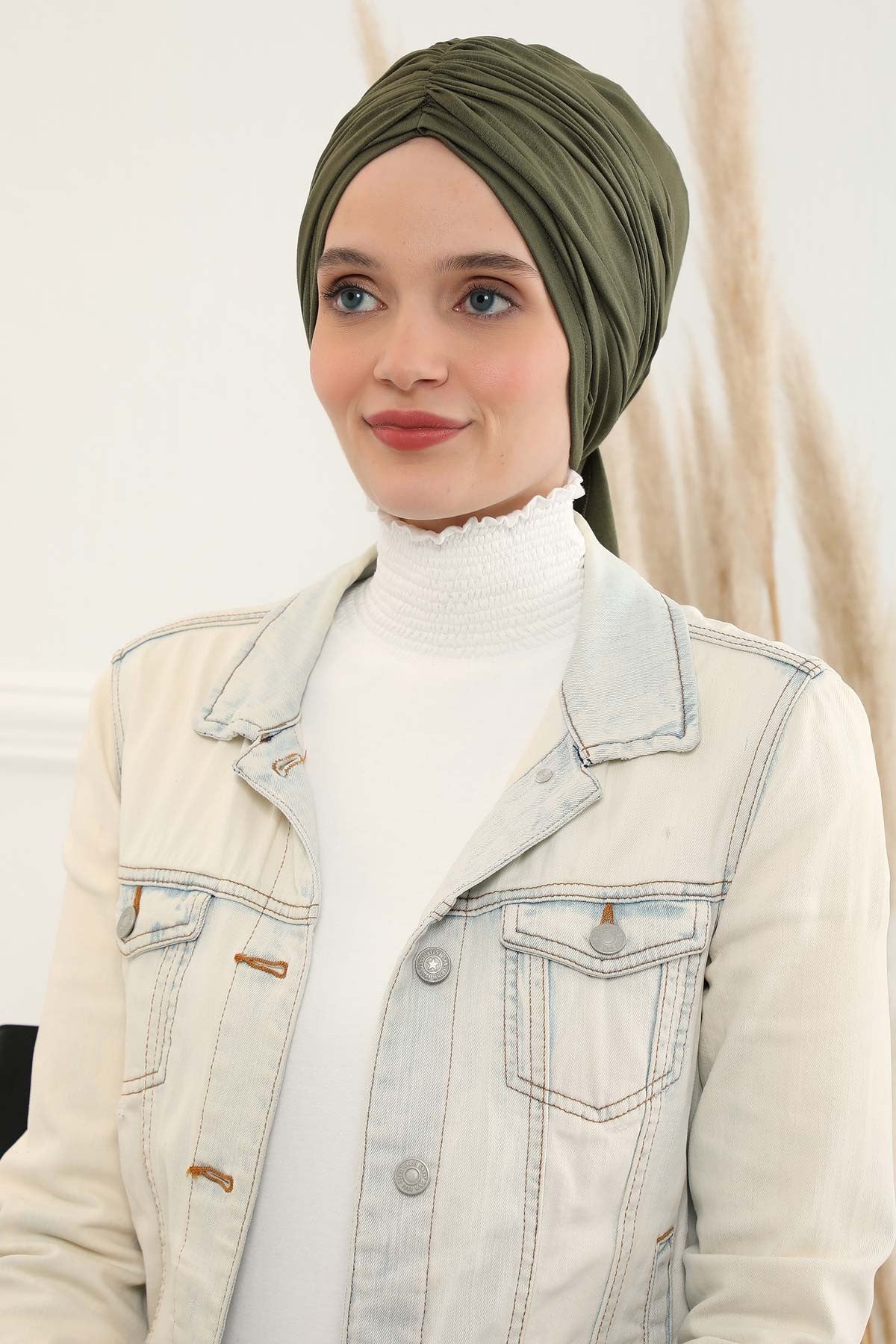 Smocked Shirred Instant Turban for Women, Cotton Lightweight Head Wrap with a Beautiful Design, Stylish Chemo Headwear Turban for Women,B-1 Army Green