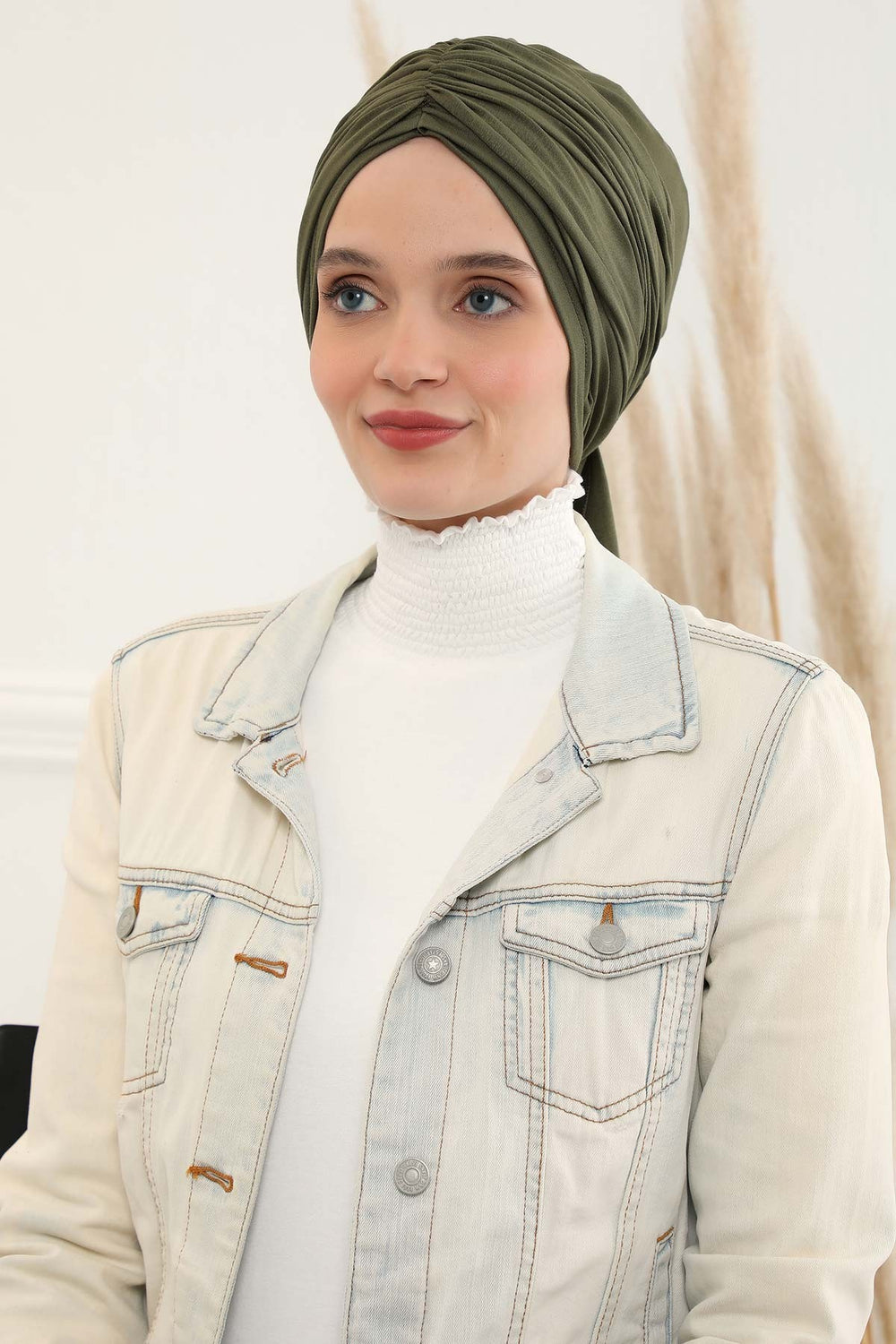 Smocked Shirred Instant Turban for Women, Cotton Lightweight Head Wrap with a Beautiful Design, Stylish Chemo Headwear Turban for Women,B-1 Army Green
