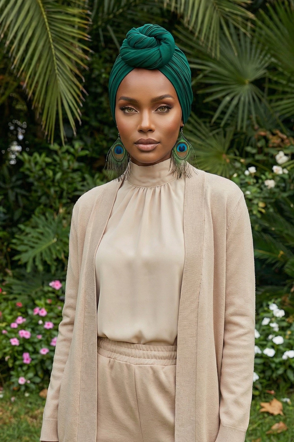 Smocked Shirred Instant Turban for Women, Cotton Lightweight Head Wrap with a Beautiful Design, Stylish Chemo Headwear Turban for Women,B-1 Green