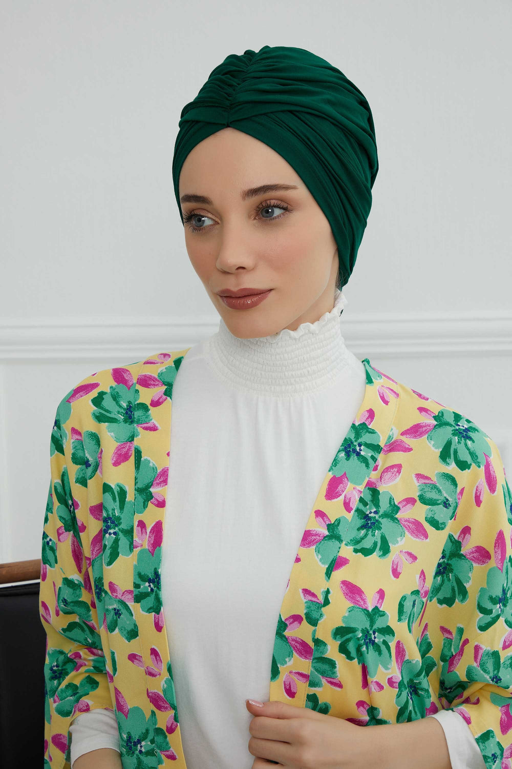 Smocked Shirred Instant Turban for Women, Cotton Lightweight Head Wrap with a Beautiful Design, Stylish Chemo Headwear Turban for Women,B-1 Green