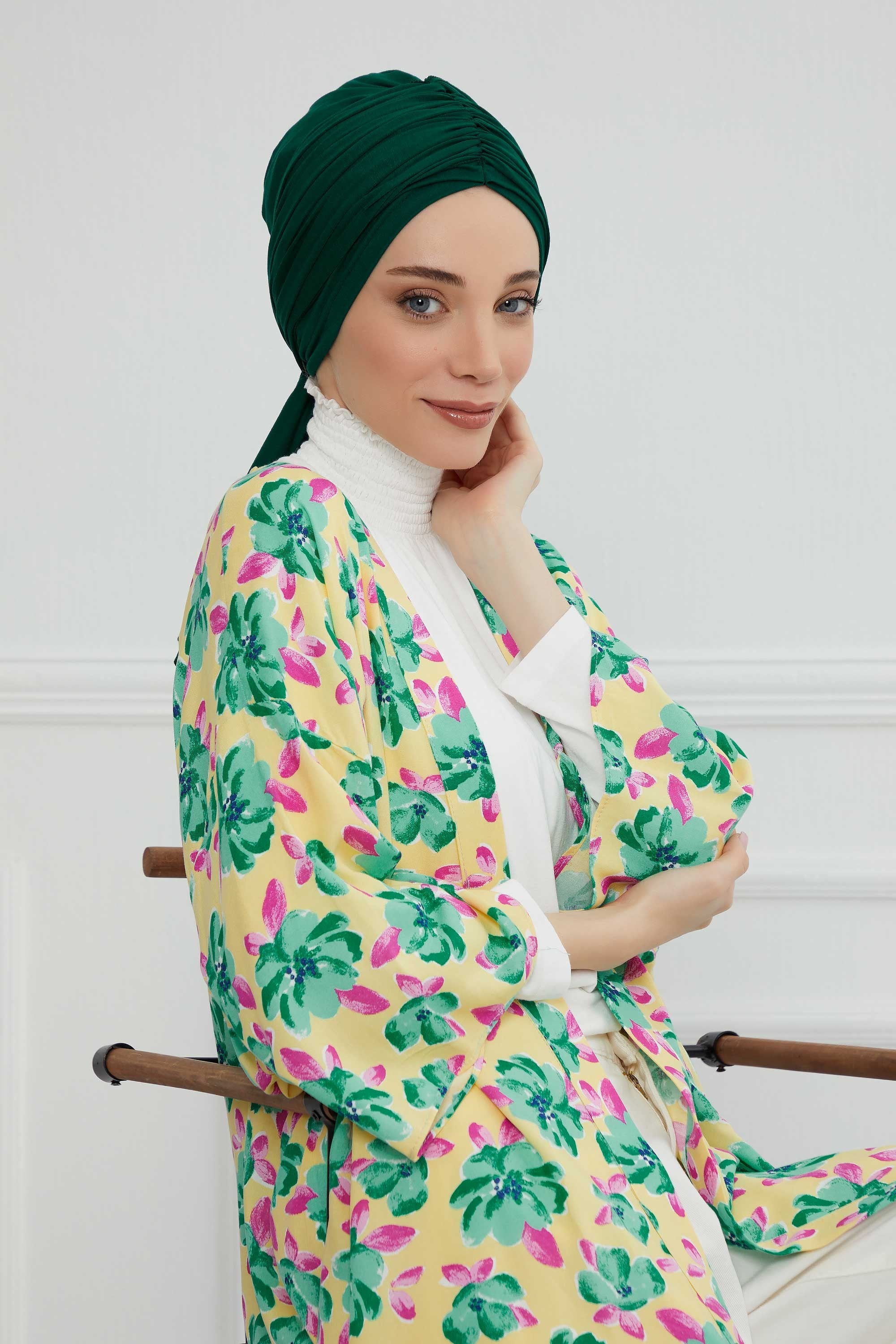 Smocked Shirred Instant Turban for Women, Cotton Lightweight Head Wrap with a Beautiful Design, Stylish Chemo Headwear Turban for Women,B-1 Green