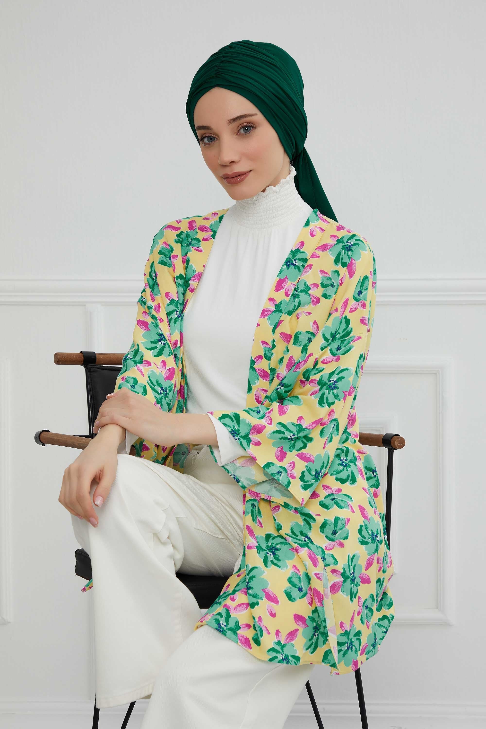 Smocked Shirred Instant Turban for Women, Cotton Lightweight Head Wrap with a Beautiful Design, Stylish Chemo Headwear Turban for Women,B-1 Green