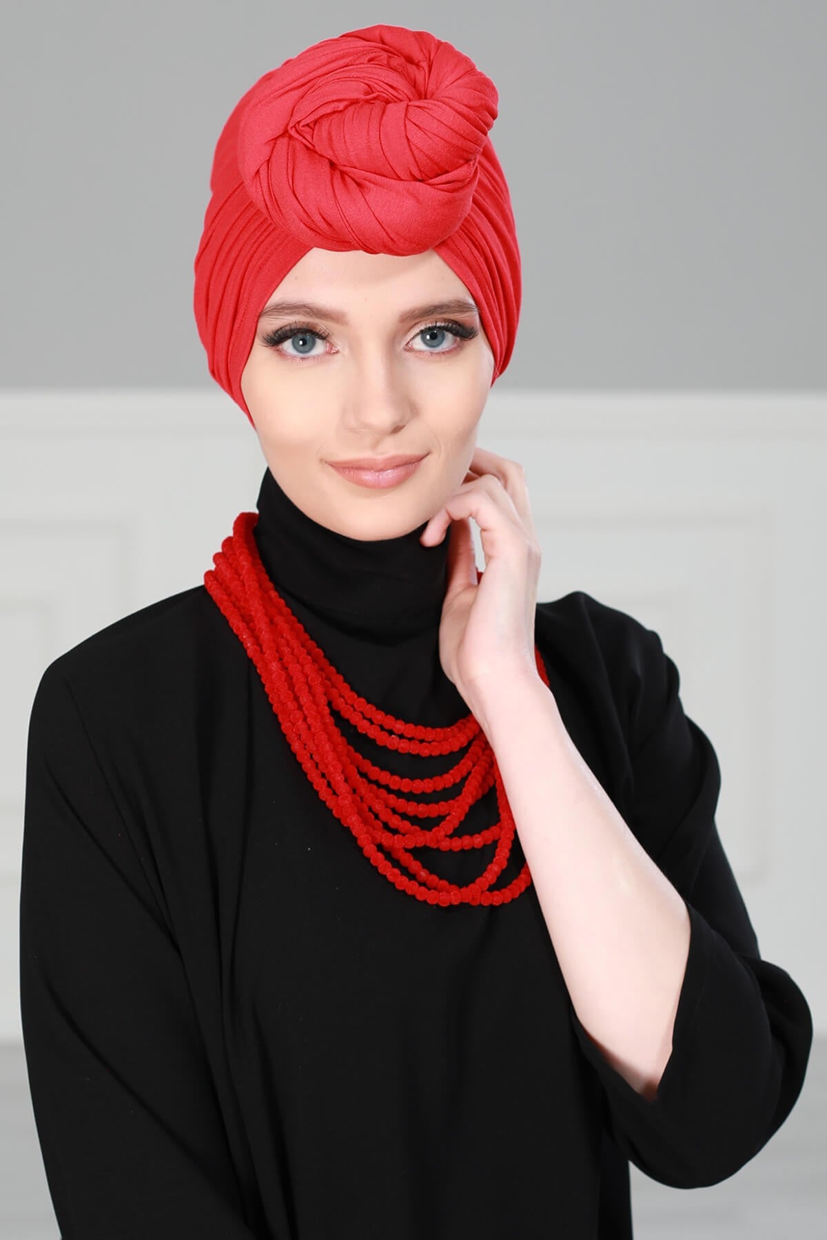 Smocked Shirred Instant Turban for Women, Cotton Lightweight Head Wrap with a Beautiful Design, Stylish Chemo Headwear Turban for Women,B-1 Red