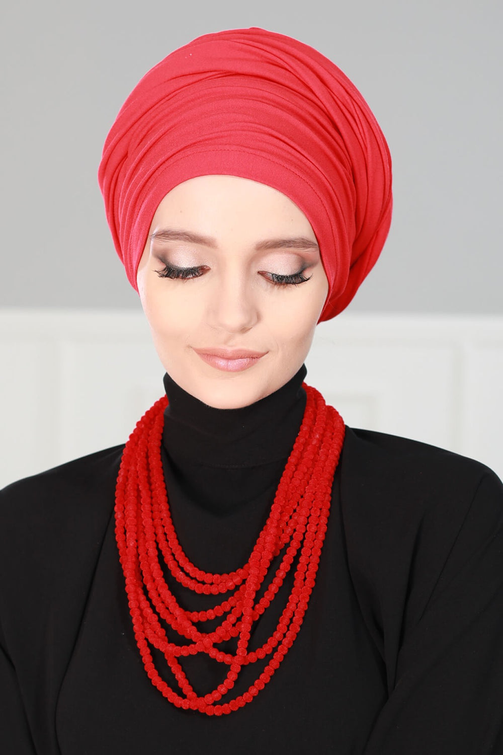 Smocked Shirred Instant Turban for Women, Cotton Lightweight Head Wrap with a Beautiful Design, Stylish Chemo Headwear Turban for Women,B-1 Red