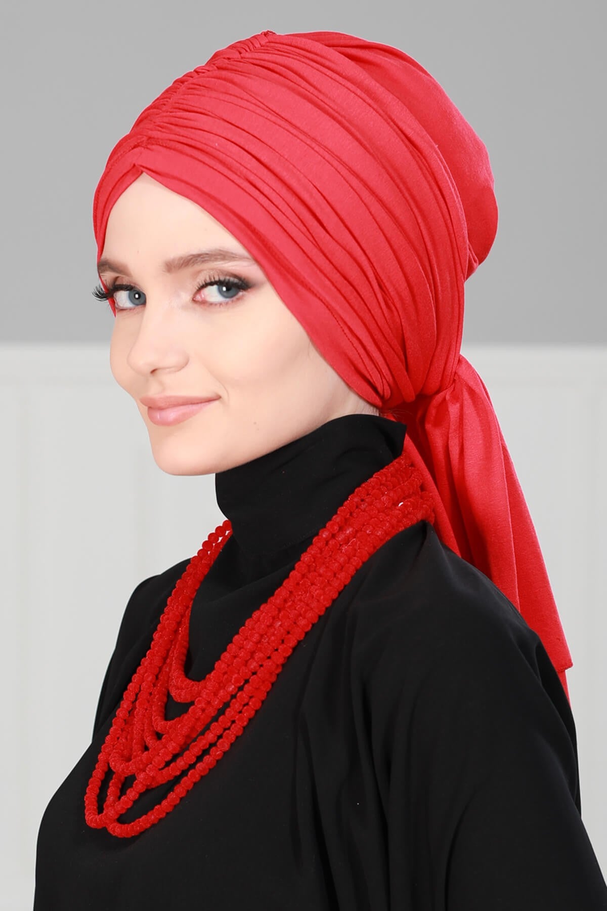 Smocked Shirred Instant Turban for Women, Cotton Lightweight Head Wrap with a Beautiful Design, Stylish Chemo Headwear Turban for Women,B-1 Red