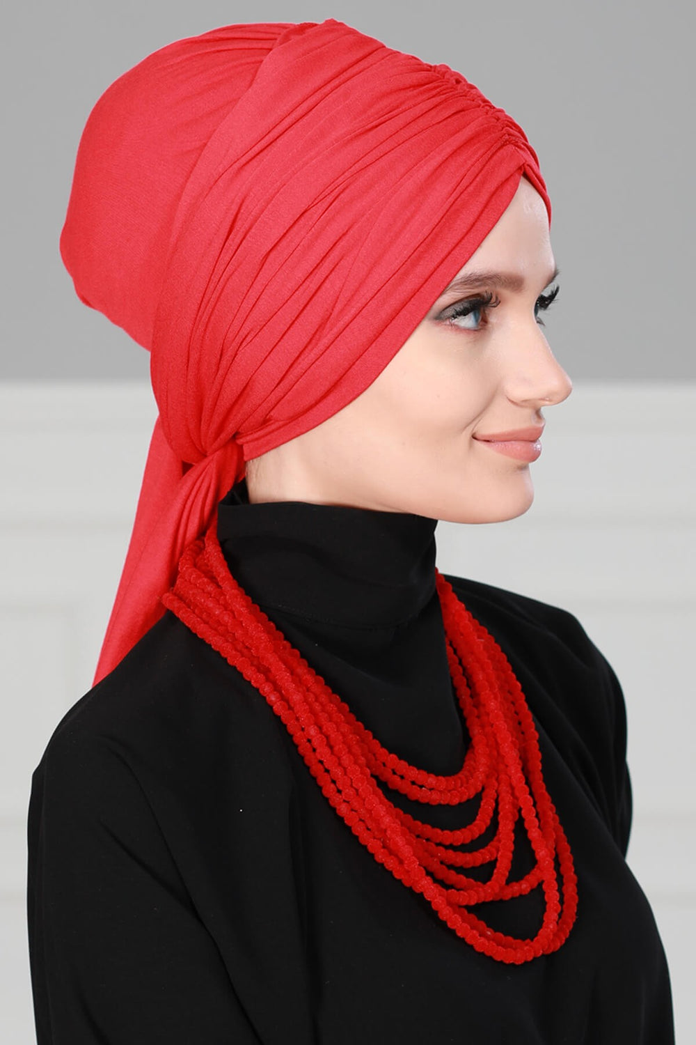 Smocked Shirred Instant Turban for Women, Cotton Lightweight Head Wrap with a Beautiful Design, Stylish Chemo Headwear Turban for Women,B-1 Red