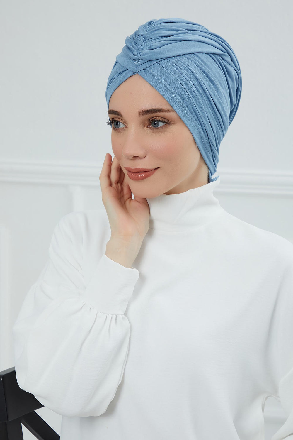 Smocked Shirred Instant Turban for Women, Cotton Lightweight Head Wrap with a Beautiful Design, Stylish Chemo Headwear Turban for Women,B-1 Blue
