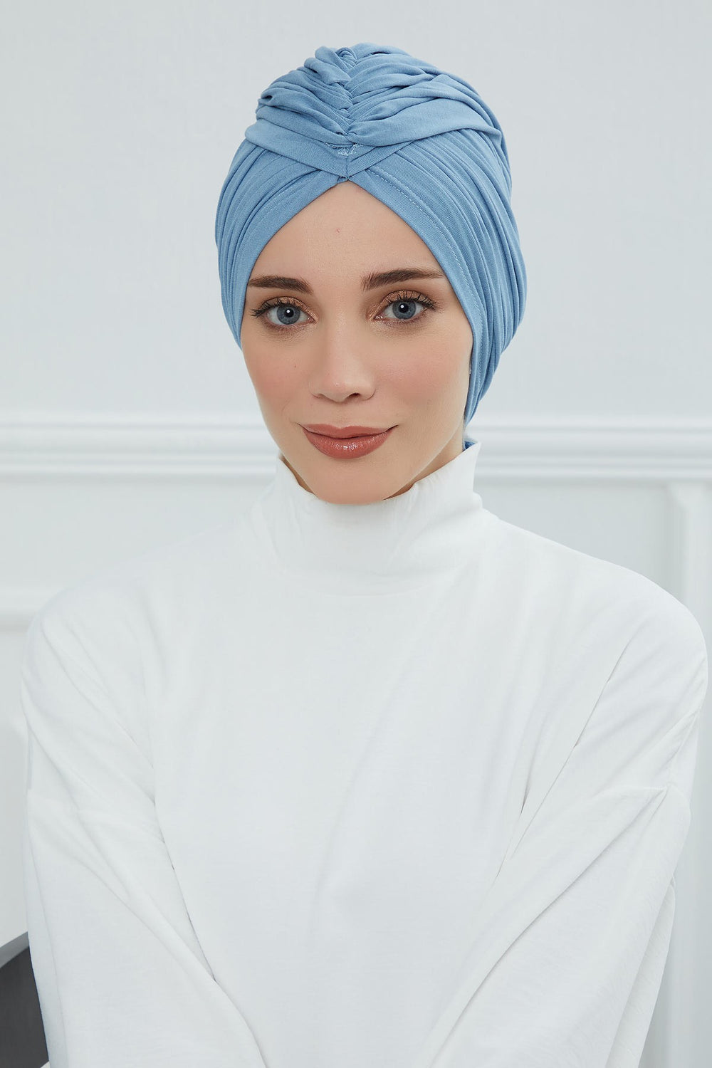 Smocked Shirred Instant Turban for Women, Cotton Lightweight Head Wrap with a Beautiful Design, Stylish Chemo Headwear Turban for Women,B-1 Blue