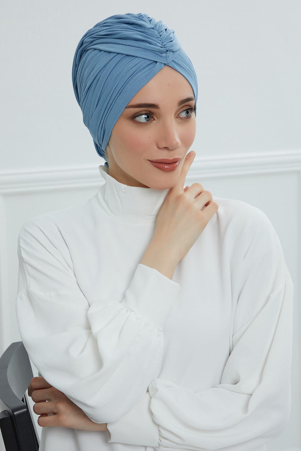 Smocked Shirred Instant Turban for Women, Cotton Lightweight Head Wrap with a Beautiful Design, Stylish Chemo Headwear Turban for Women,B-1 Blue