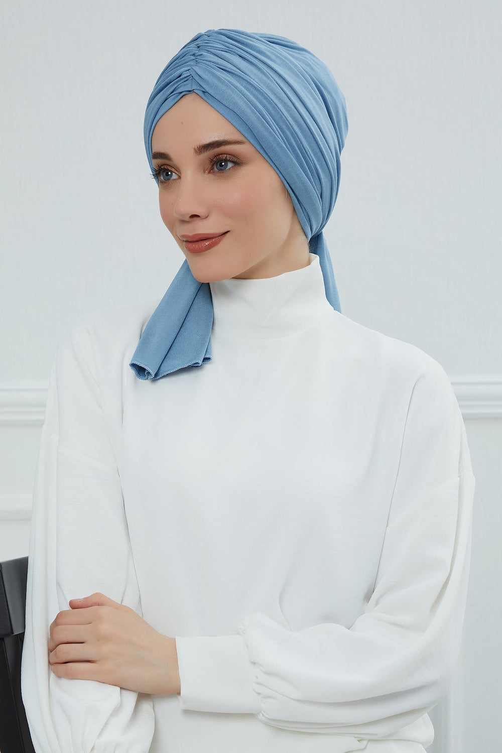 Smocked Shirred Instant Turban for Women, Cotton Lightweight Head Wrap with a Beautiful Design, Stylish Chemo Headwear Turban for Women,B-1 Blue