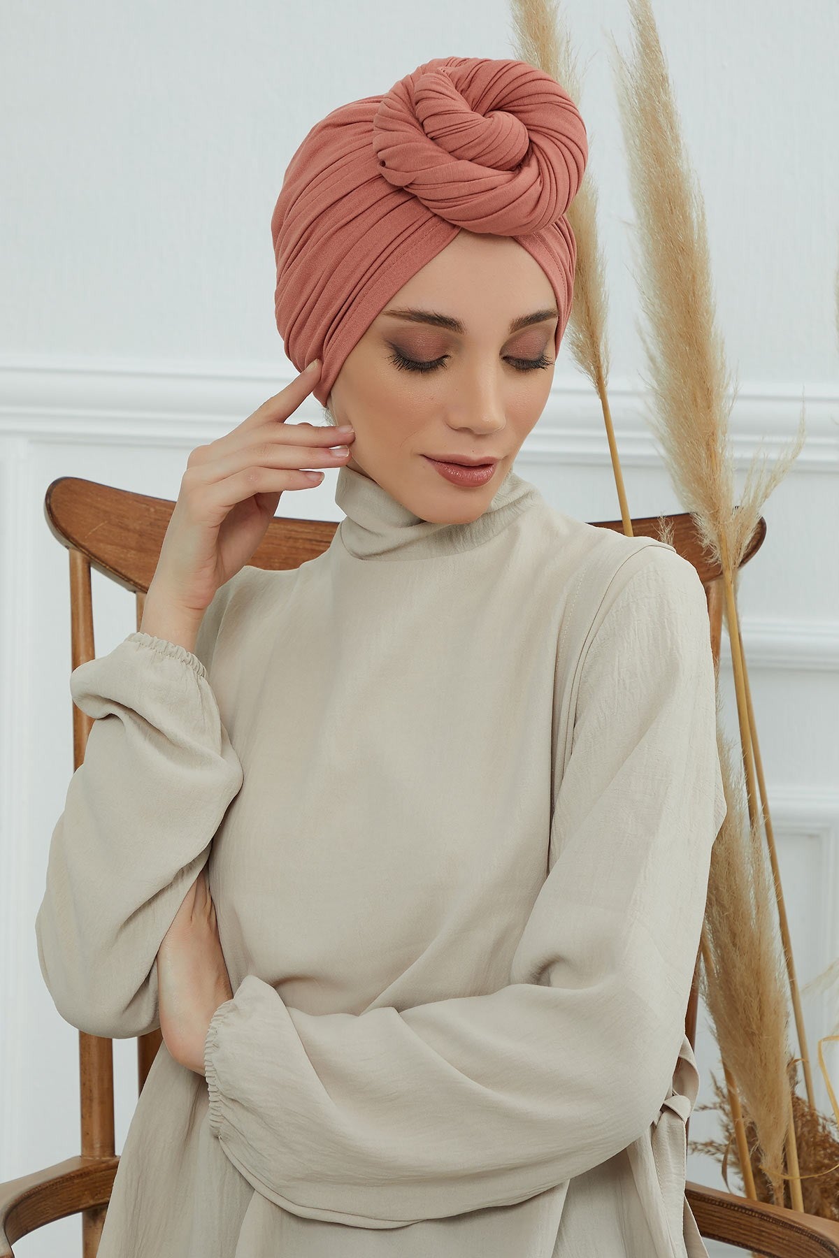Smocked Shirred Instant Turban for Women, Cotton Lightweight Head Wrap with a Beautiful Design, Stylish Chemo Headwear Turban for Women,B-1 Salmon