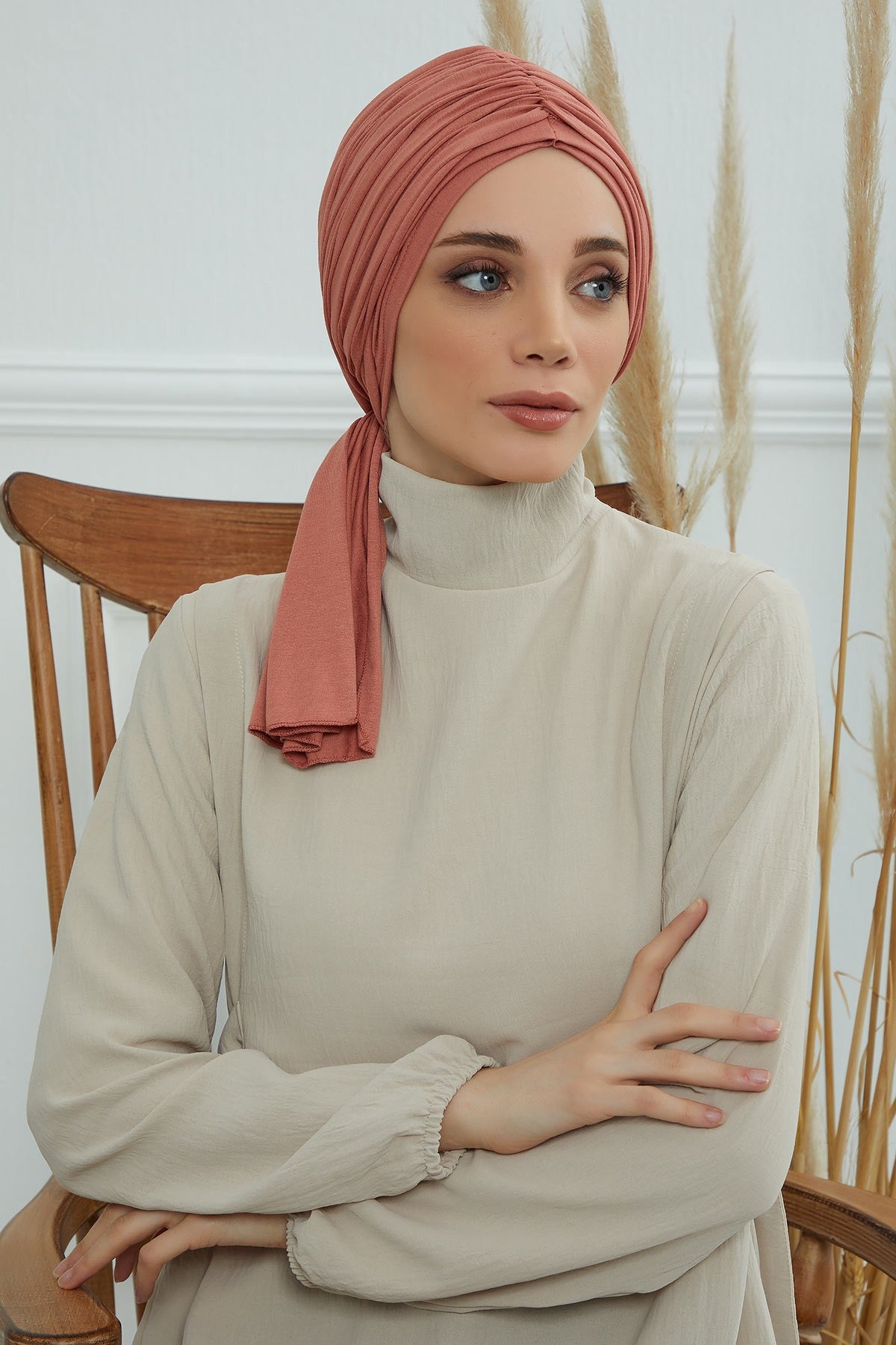 Smocked Shirred Instant Turban for Women, Cotton Lightweight Head Wrap with a Beautiful Design, Stylish Chemo Headwear Turban for Women,B-1 Salmon