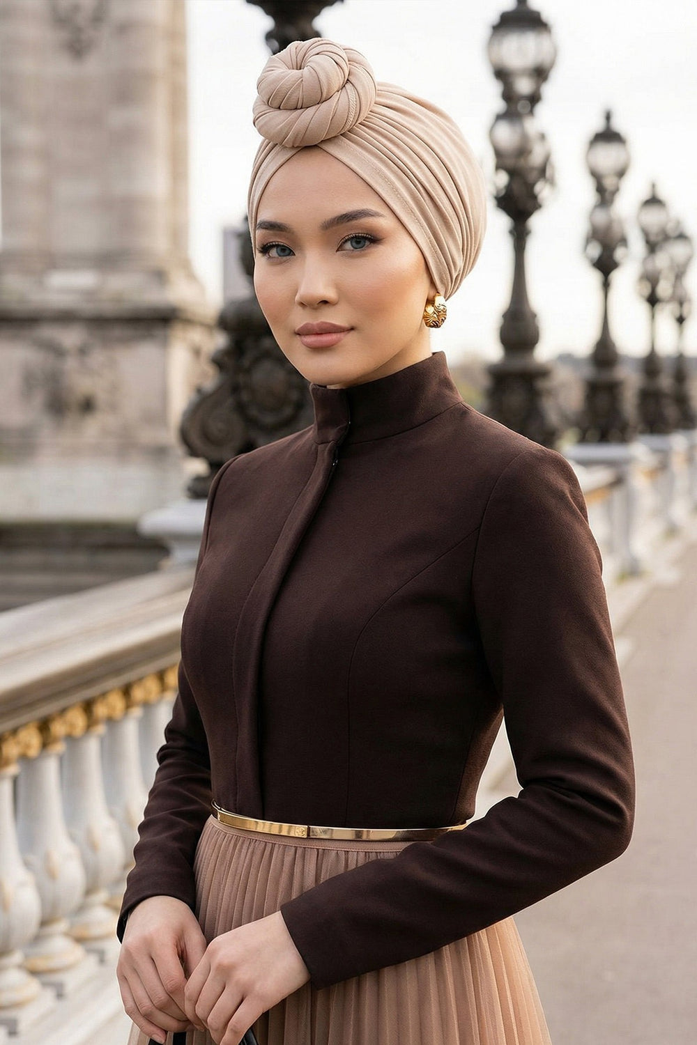 Smocked Shirred Instant Turban for Women, Cotton Lightweight Head Wrap with a Beautiful Design, Stylish Chemo Headwear Turban for Women,B-1 Sand Brown