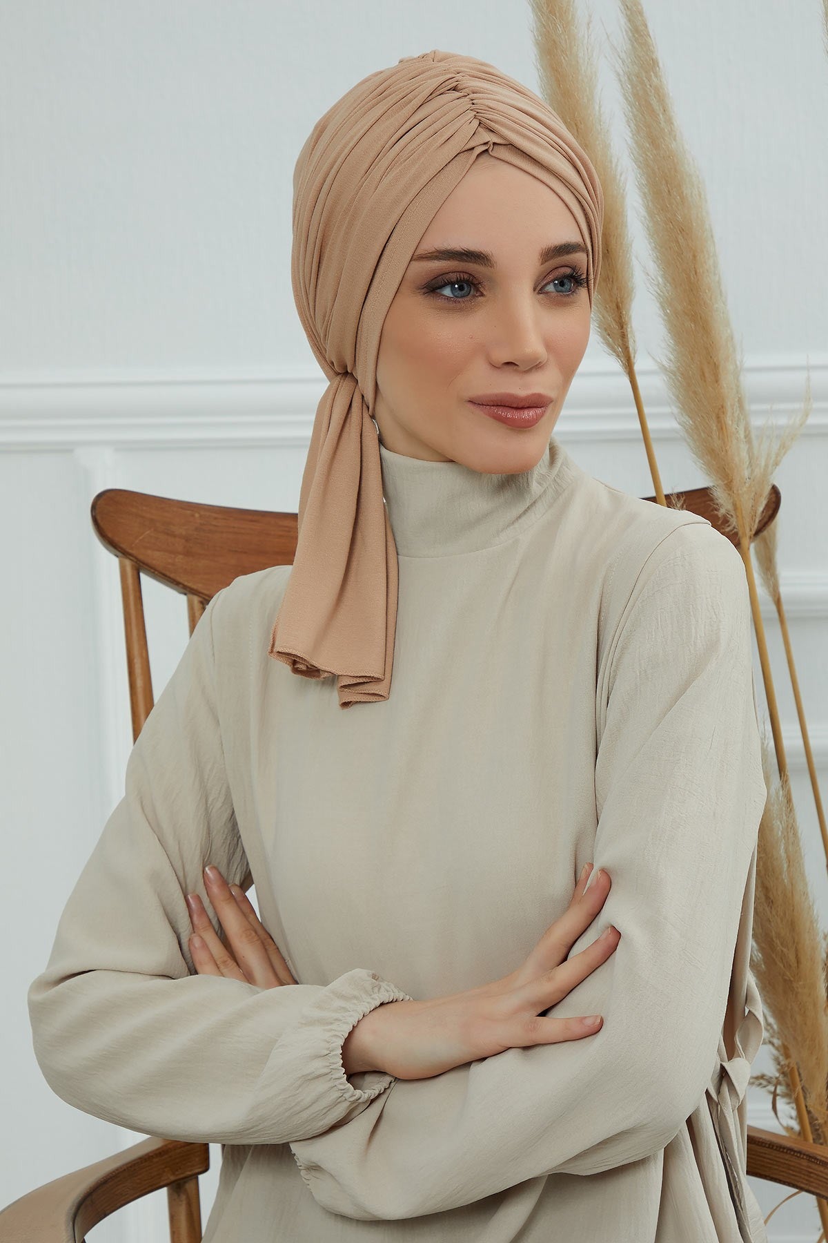 Smocked Shirred Instant Turban for Women, Cotton Lightweight Head Wrap with a Beautiful Design, Stylish Chemo Headwear Turban for Women,B-1 Sand Brown