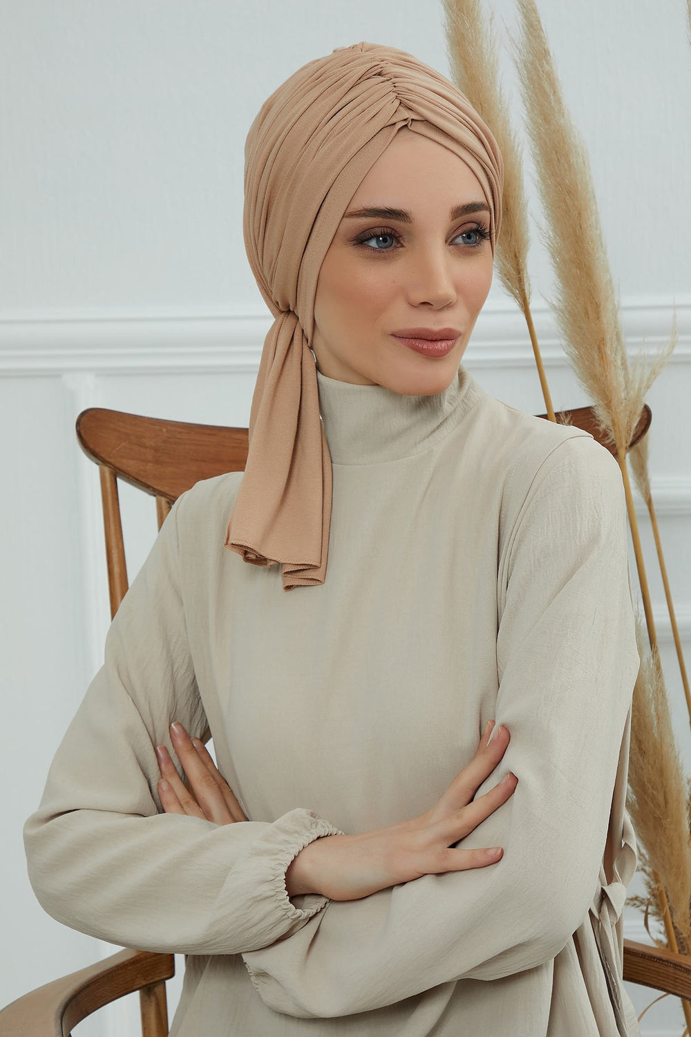 Smocked Shirred Instant Turban for Women, Cotton Lightweight Head Wrap with a Beautiful Design, Stylish Chemo Headwear Turban for Women,B-1 Sand Brown