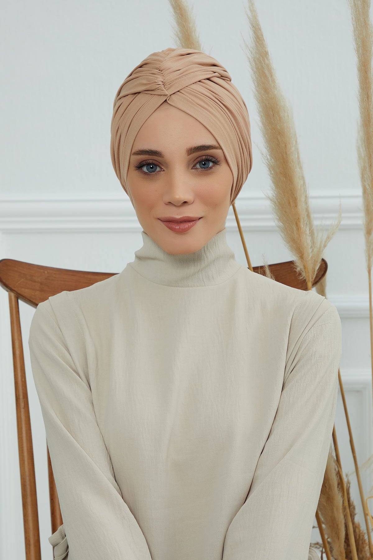 Smocked Shirred Instant Turban for Women, Cotton Lightweight Head Wrap with a Beautiful Design, Stylish Chemo Headwear Turban for Women,B-1 Sand Brown