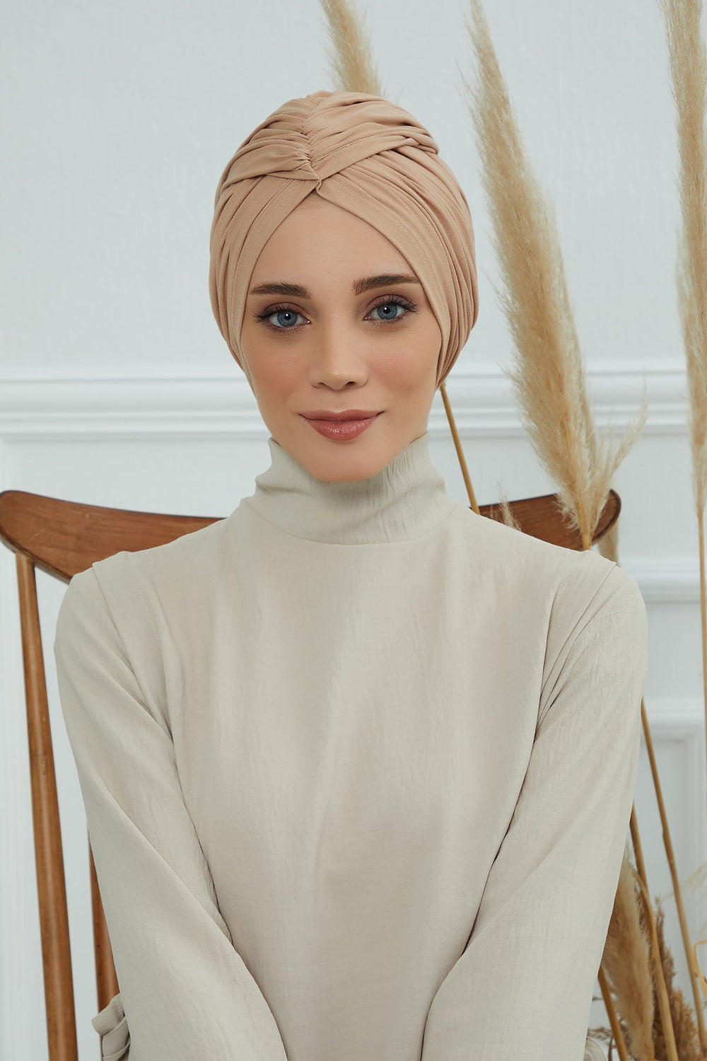 Smocked Shirred Instant Turban for Women, Cotton Lightweight Head Wrap with a Beautiful Design, Stylish Chemo Headwear Turban for Women,B-1 Sand Brown