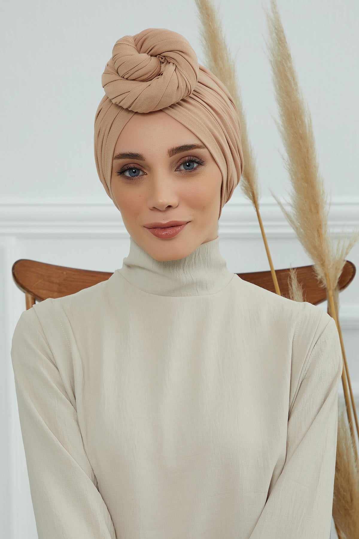 Smocked Shirred Instant Turban for Women, Cotton Lightweight Head Wrap with a Beautiful Design, Stylish Chemo Headwear Turban for Women,B-1 Sand Brown