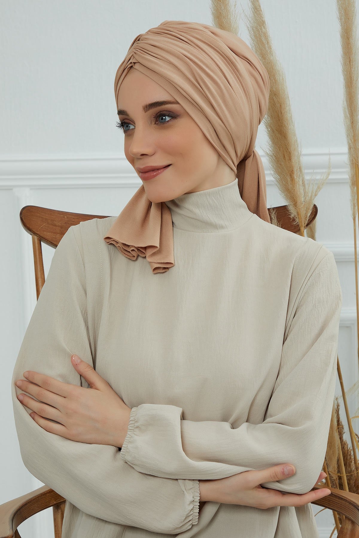 Smocked Shirred Instant Turban for Women, Cotton Lightweight Head Wrap with a Beautiful Design, Stylish Chemo Headwear Turban for Women,B-1 Sand Brown