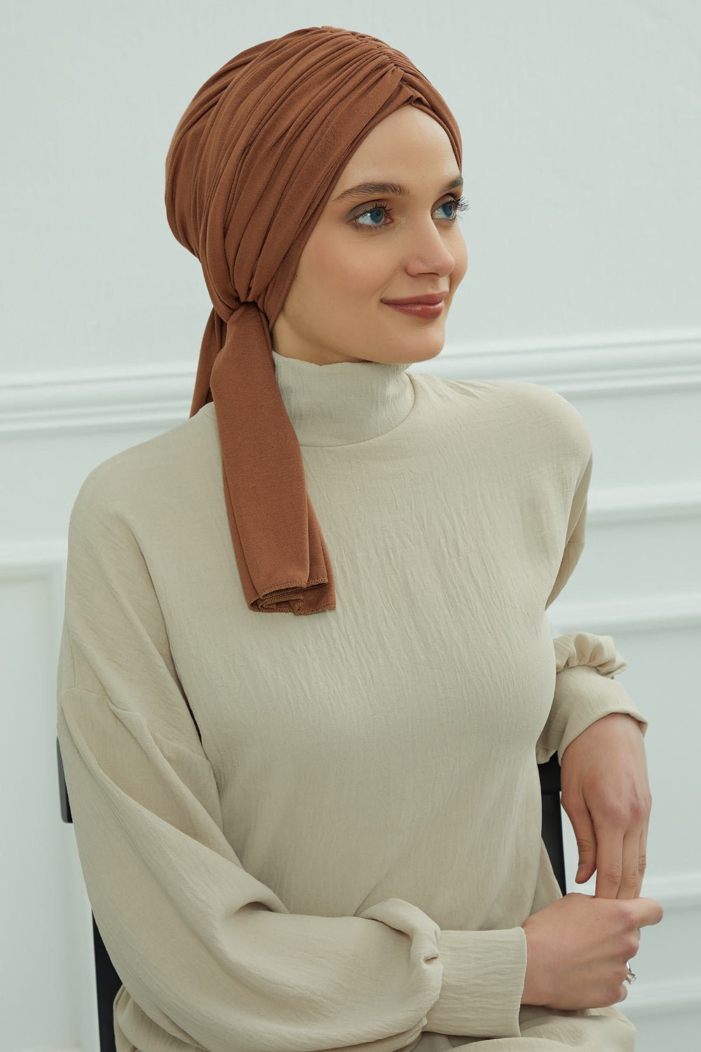 Smocked Shirred Instant Turban for Women, Cotton Lightweight Head Wrap with a Beautiful Design, Stylish Chemo Headwear Turban for Women,B-1 Caramel Brown
