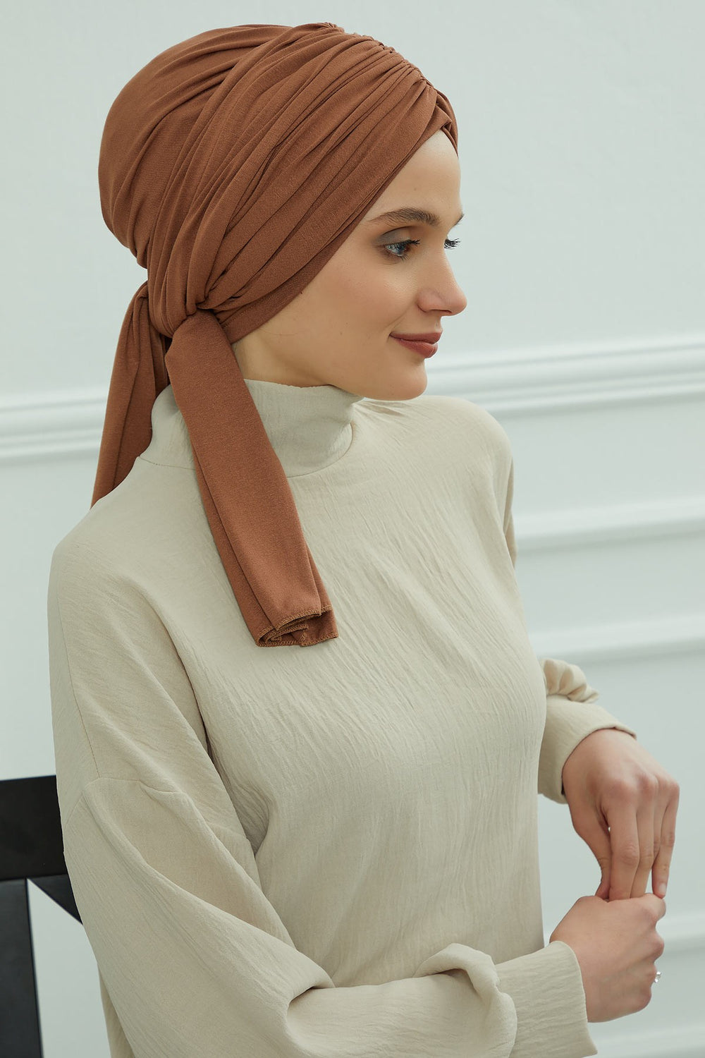 Smocked Shirred Instant Turban for Women, Cotton Lightweight Head Wrap with a Beautiful Design, Stylish Chemo Headwear Turban for Women,B-1 Caramel Brown