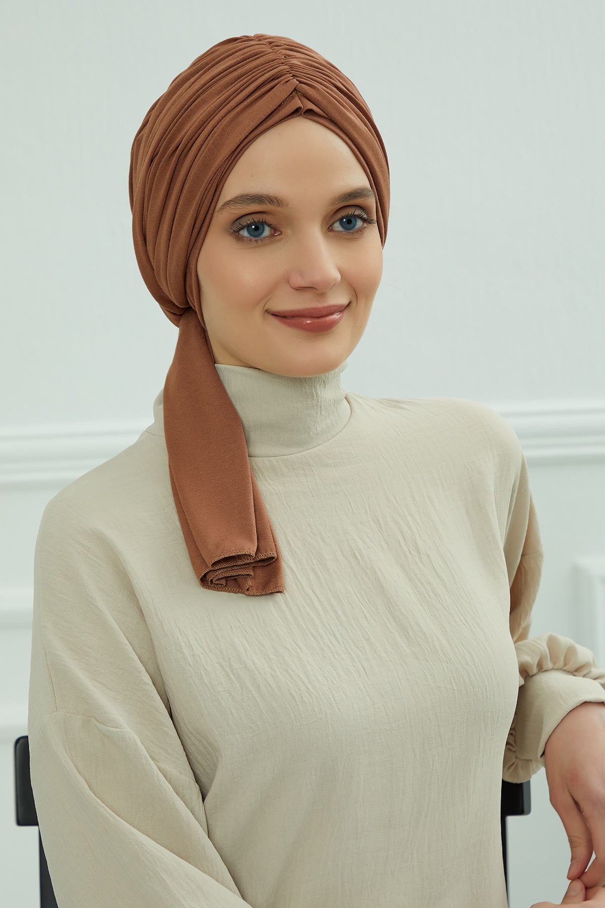 Smocked Shirred Instant Turban for Women, Cotton Lightweight Head Wrap with a Beautiful Design, Stylish Chemo Headwear Turban for Women,B-1 Caramel Brown