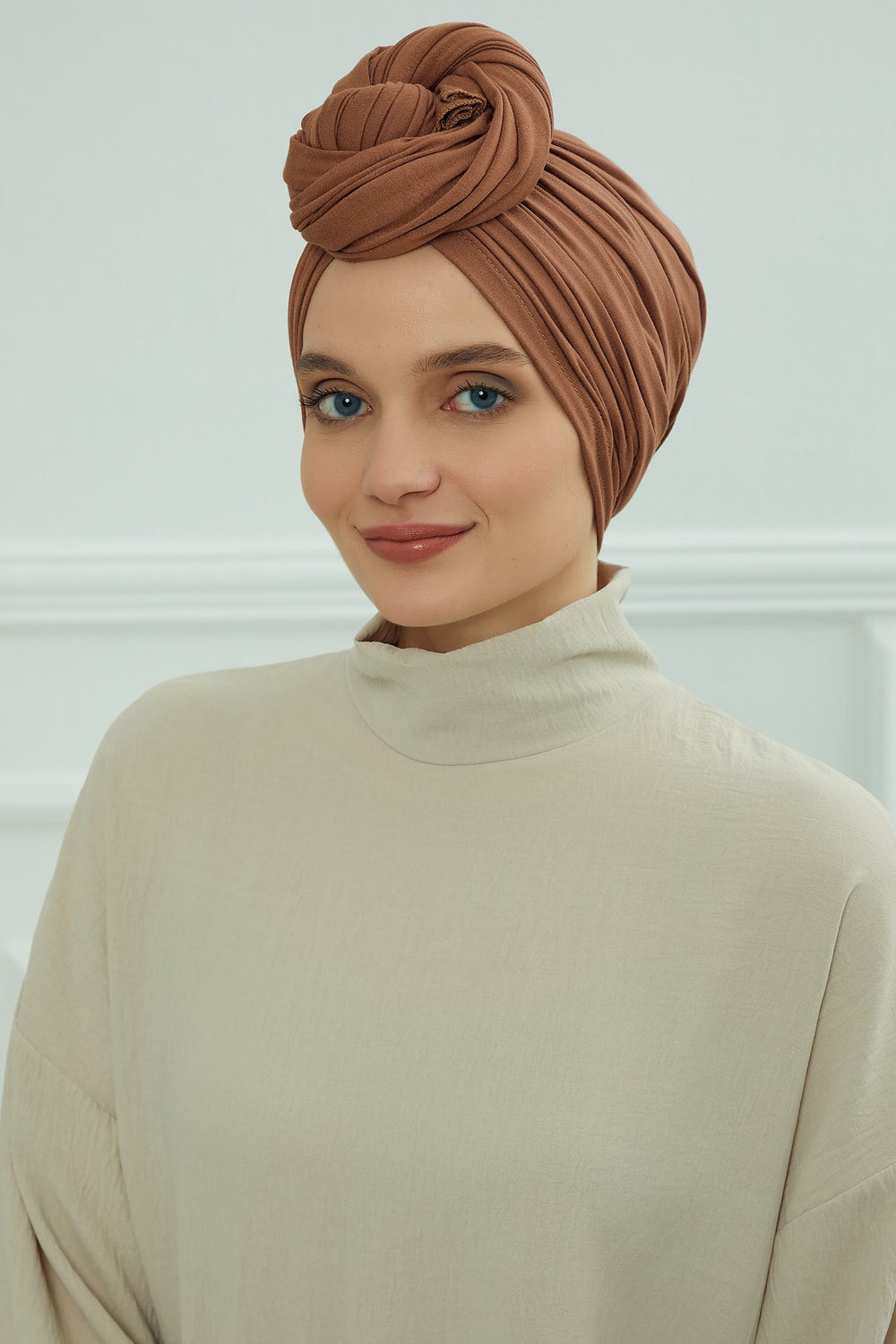 Smocked Shirred Instant Turban for Women, Cotton Lightweight Head Wrap with a Beautiful Design, Stylish Chemo Headwear Turban for Women,B-1 Caramel Brown