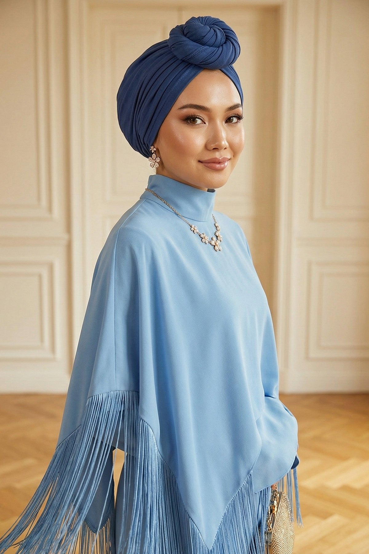 Smocked Shirred Instant Turban for Women, Cotton Lightweight Head Wrap with a Beautiful Design, Stylish Chemo Headwear Turban for Women,B-1 İndigo