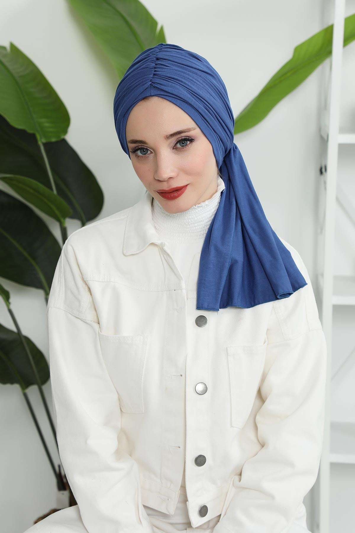 Smocked Shirred Instant Turban for Women, Cotton Lightweight Head Wrap with a Beautiful Design, Stylish Chemo Headwear Turban for Women,B-1 İndigo