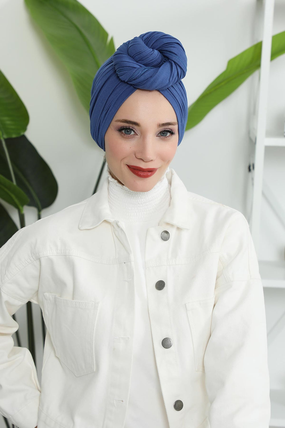 Smocked Shirred Instant Turban for Women, Cotton Lightweight Head Wrap with a Beautiful Design, Stylish Chemo Headwear Turban for Women,B-1 İndigo