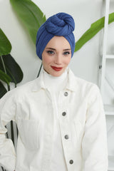 Smocked Shirred Instant Turban for Women, Cotton Lightweight Head Wrap with a Beautiful Design, Stylish Chemo Headwear Turban for Women,B-1 İndigo