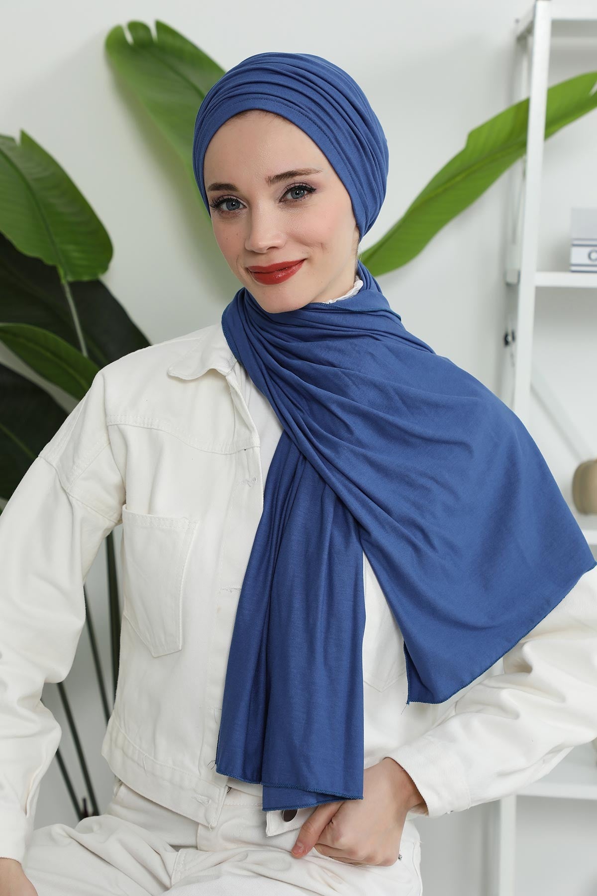 Smocked Shirred Instant Turban for Women, Cotton Lightweight Head Wrap with a Beautiful Design, Stylish Chemo Headwear Turban for Women,B-1 İndigo