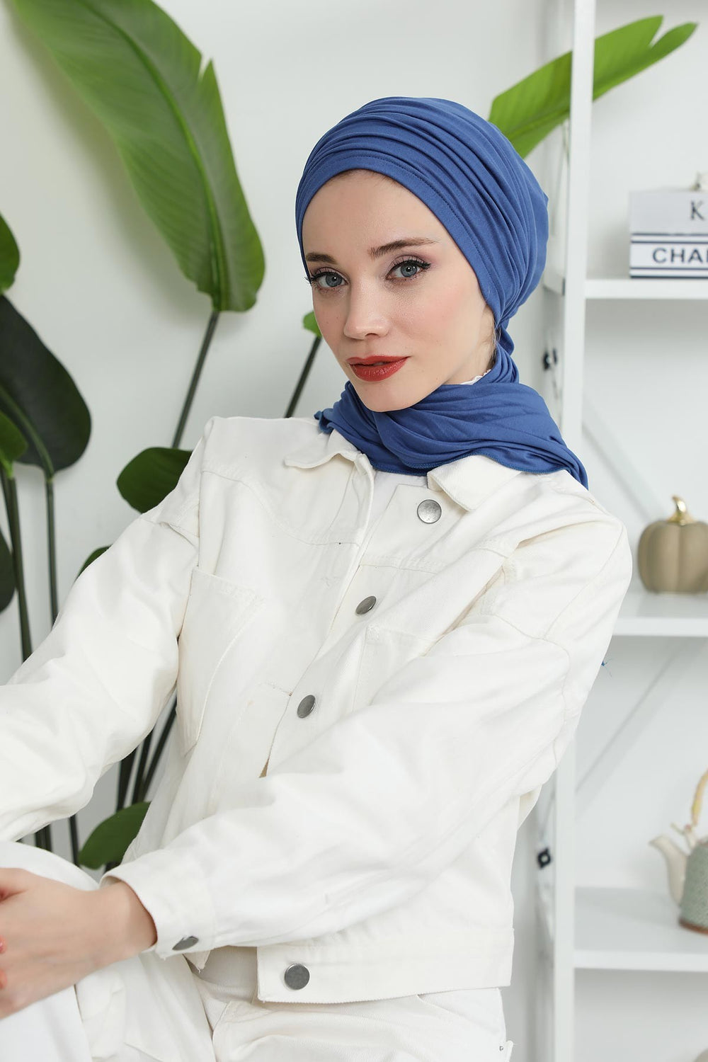 Smocked Shirred Instant Turban for Women, Cotton Lightweight Head Wrap with a Beautiful Design, Stylish Chemo Headwear Turban for Women,B-1 İndigo