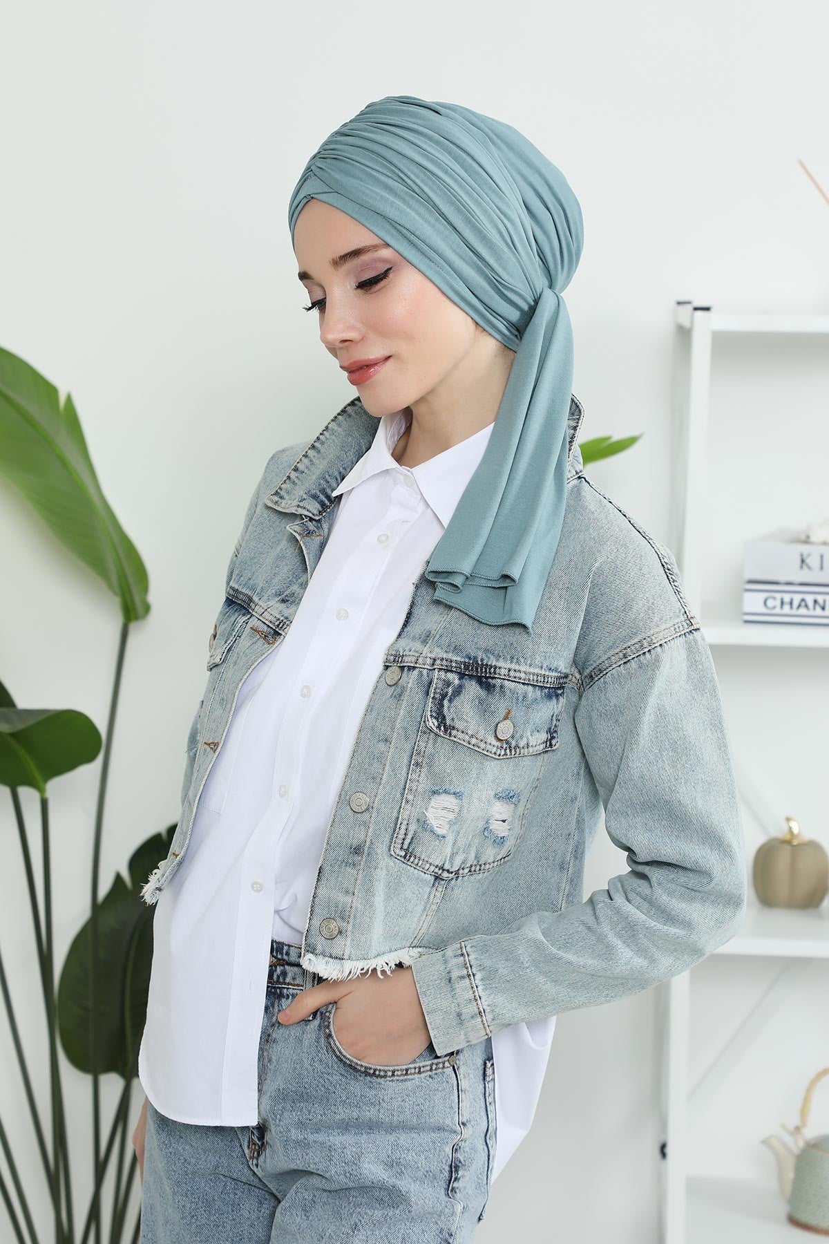 Smocked Shirred Instant Turban for Women, Cotton Lightweight Head Wrap with a Beautiful Design, Stylish Chemo Headwear Turban for Women,B-1 Dark Mint